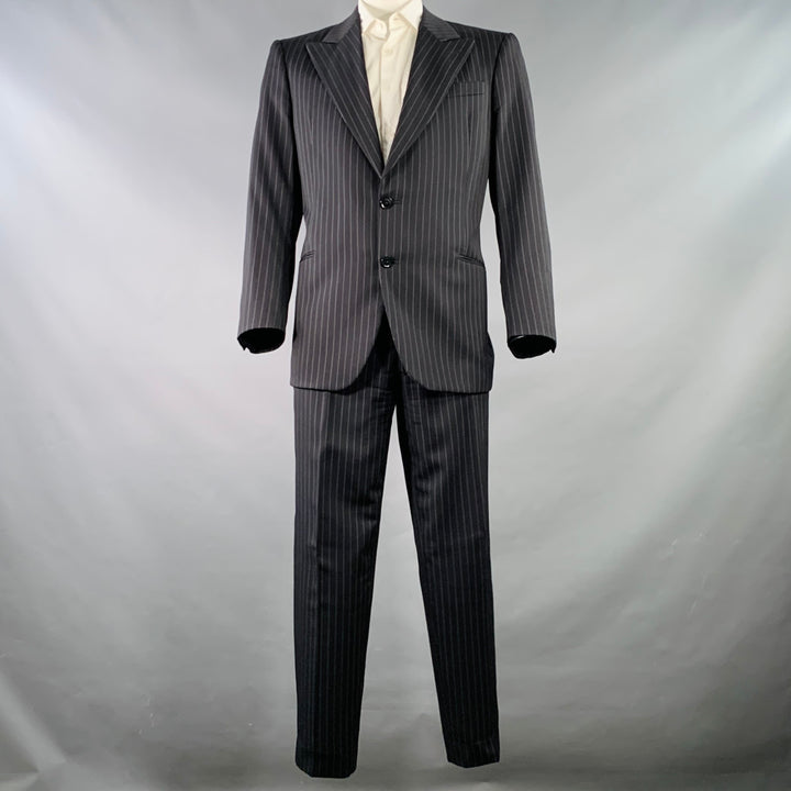 ARMANI COLLEZIONI Size 44 Long Black White Pinstripe Wool Peak Lapel Suit