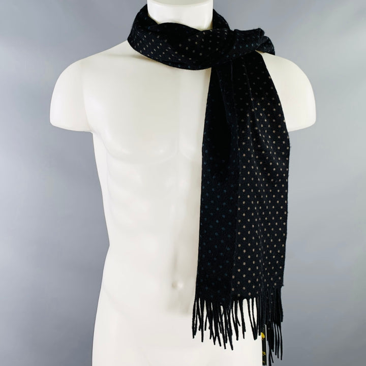 LORO PIANA Black Blue Tan Dots Reversible Cashmere Fringe Scarf