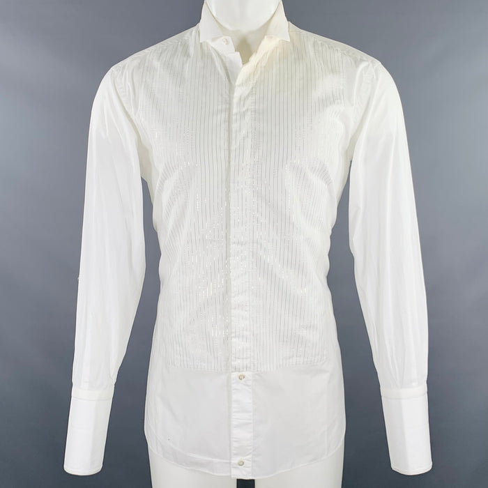 BRIONI Size M White Silver Stripe Cotton Tuxedo Formal Long Sleeve Shirt