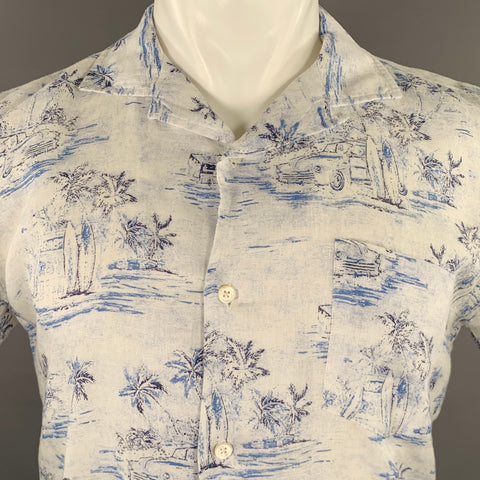 HARTFORD Size M White Blue Linen Camp Short Sleeve Shirt