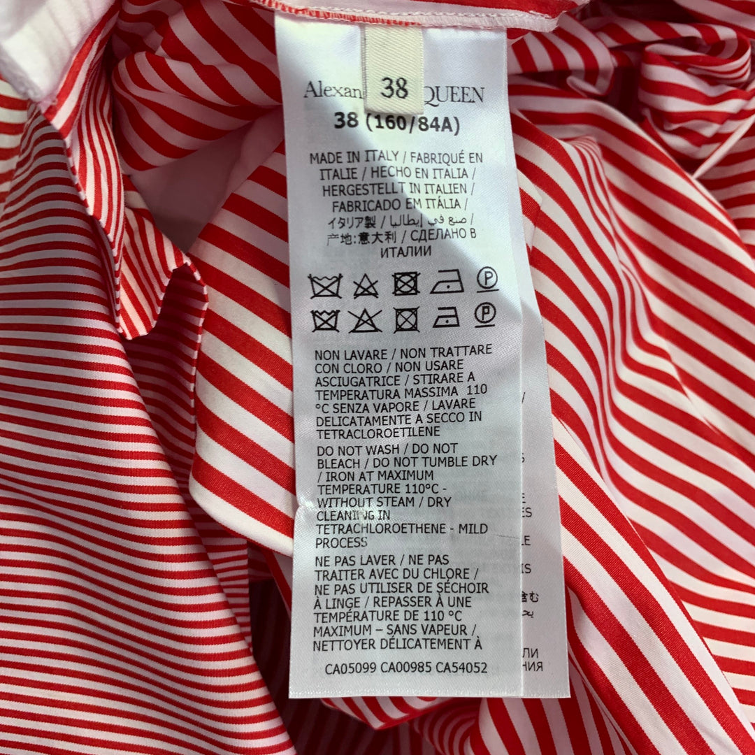 ALEXANDER MCQUEEN Size 2 Red White Cotton Stripe Collarless Asymmetrical A-Line Dress
