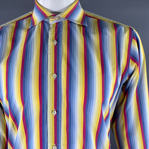 ETRO Size XL Blue Purple Yellow Stripe Cotton Pointed Collar Long Sleeve Shirt