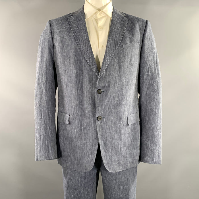 Z ZEGNA Chest Size 48 Navy White Pinstripe Linen Cotton Notch Lapel 38 30 Suit