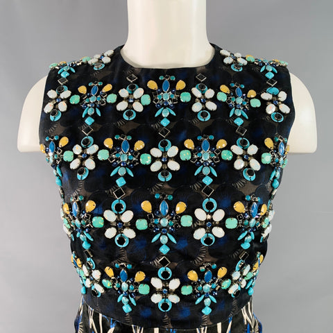 BIYAN Size S Lorelei Black Multi Color Silk Cotton Blend Beaded Midi Cocktail Dress