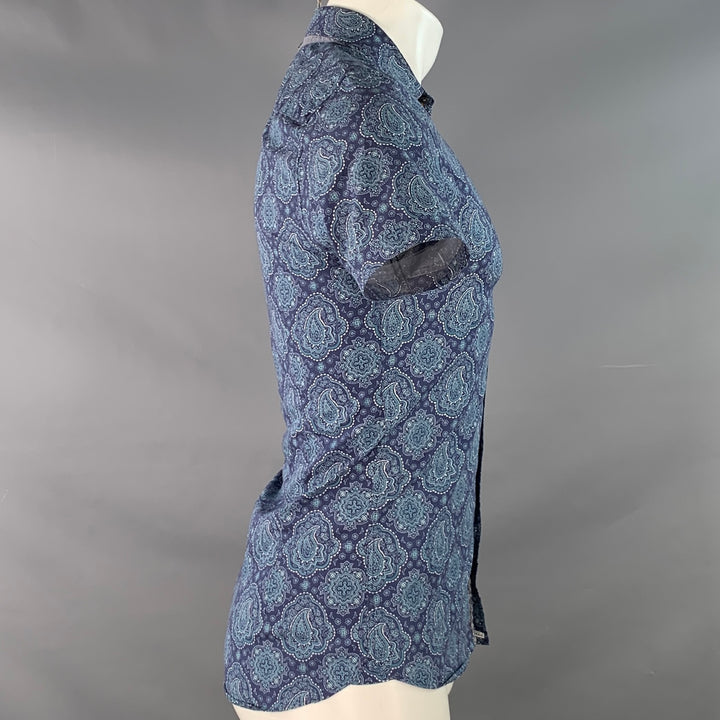 TED BAKER Size XS Bcrumbs Navy Green Paisley Cotton Spread Collar Short Sleeve Shirt