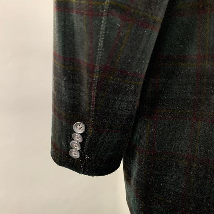 KROON Size 42 Long Green Red Plaid Cotton Velvet Peak Lapel Sport Coat