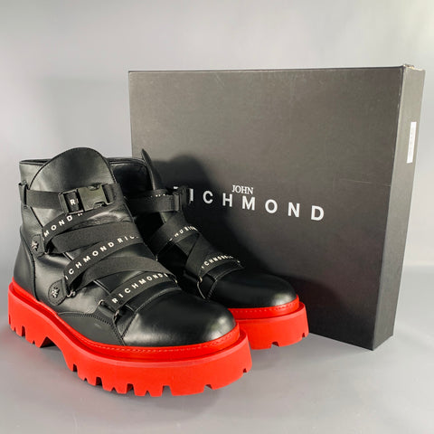 JOHN RICHMOND Size 13 Black Red Solid Leather Track Sole Boots