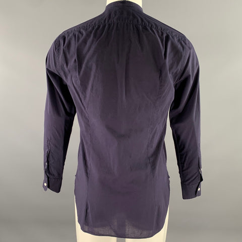 RALPH LAUREN Size S Navy Pleated Cotton Band Collar Long Sleeve Shirt