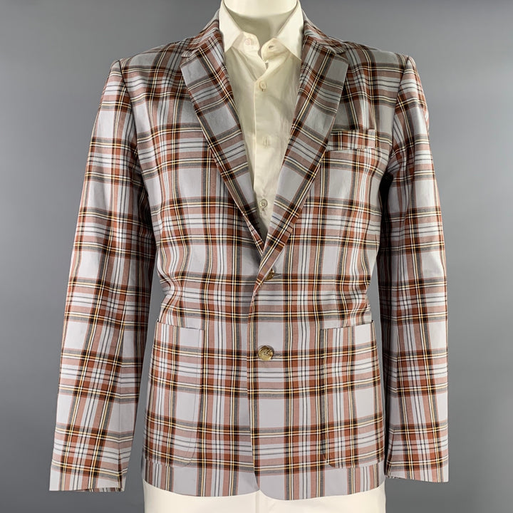 MR TURK Chest Size 42 Grey Brown Plaid Cotton Notch Lapel Sport Coat