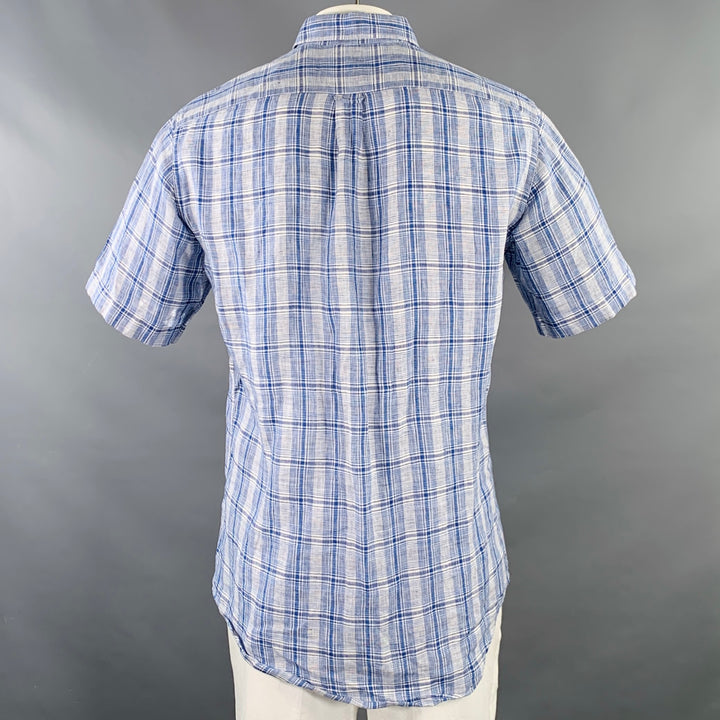 PAL ZILERI Size L Blue White Plaid Linen Short Sleeve Shirt