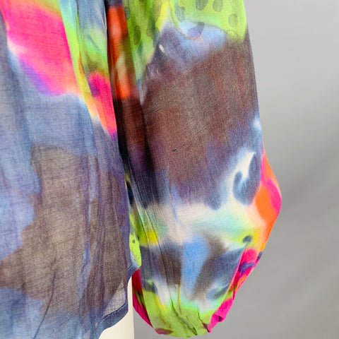 PLEIN SUD Size 6 Multi Color Silk Tie Dye V-Neck Peasant Blouse Casual Top