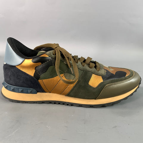 VALENTINO Size 9 Orange Silver Camo Mixed Fabrics Runner Sneakers