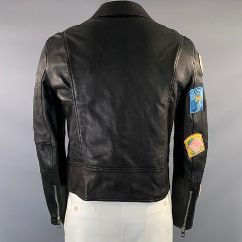 LOEWE Size 40 Black Applique Leather Biker Jacket