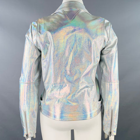 Blouson de moto ceinturé en simili cuir irisé argenté VEDA taille L