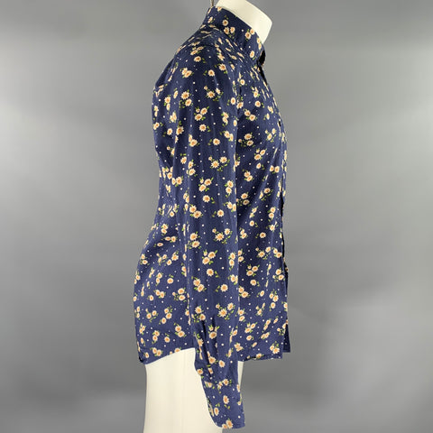 MACSON Size M Blue Multi-Color Floral Cotton Pointed Collar Long Sleeve Shirt