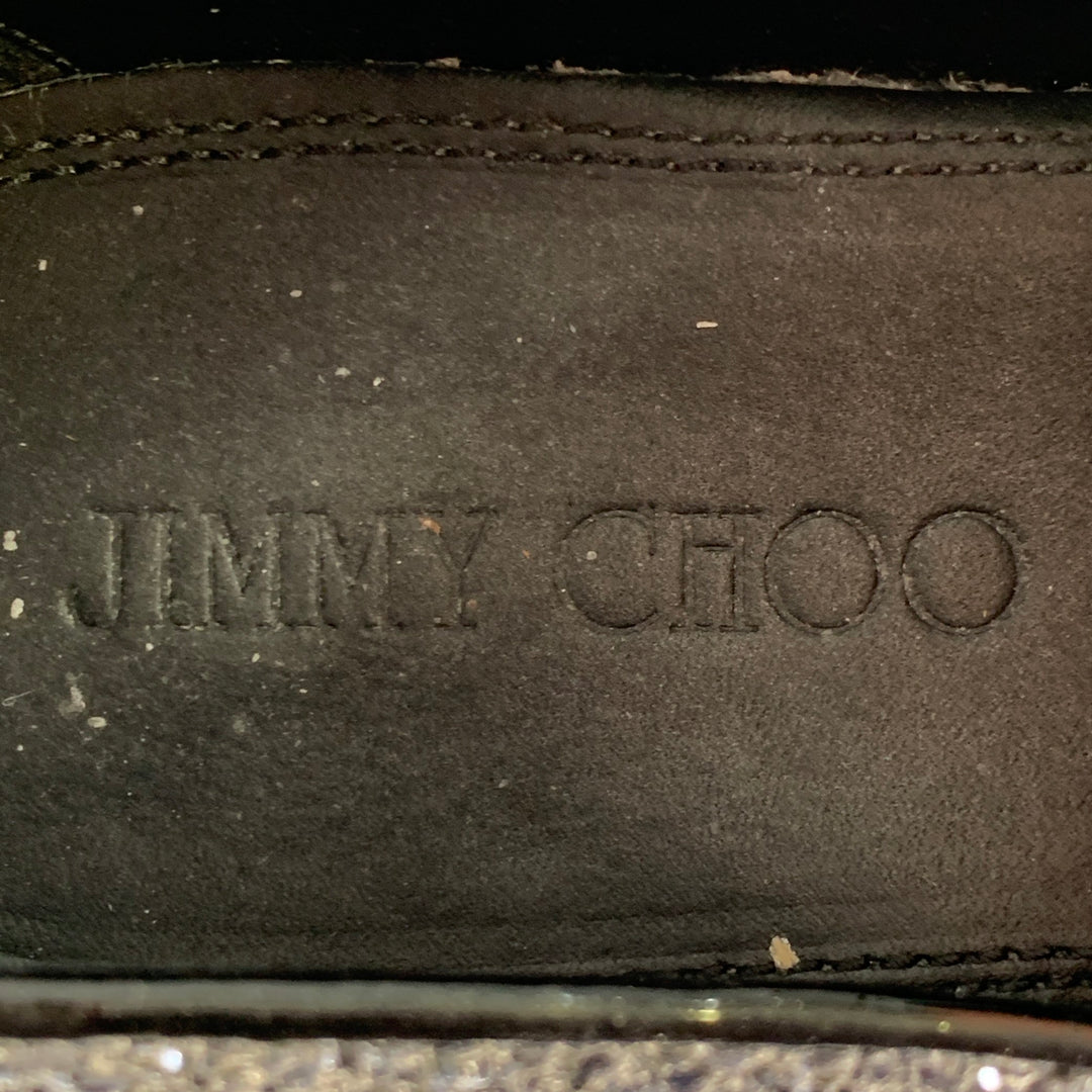 JIMMY CHOO Size 9 Thame Grey Black Glitter Leather Slip On Loafers