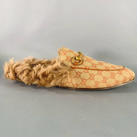 GUCCI Size 11.5 Guccissima Beige Rust Monogram Canvas Slip-On Loafers