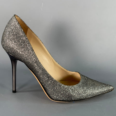 JIMMY CHOO Size 4 Silver Glitter Pointed Toe Stiletto Pumps