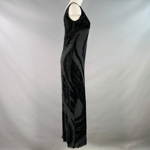 Robe longue de cocktail sans manches LAFAYETTE 148, taille 2P, en rayonne et soie noire avec perles et motif brûlé