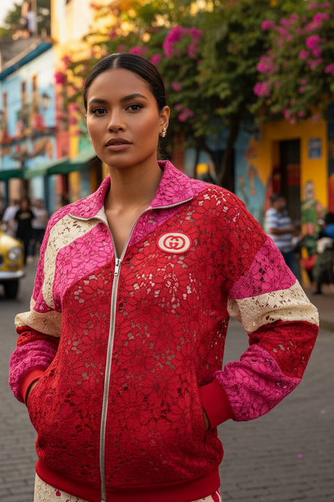 GUCCI Talla XXS Chaqueta con bloques de color de viscosa rojo rosa