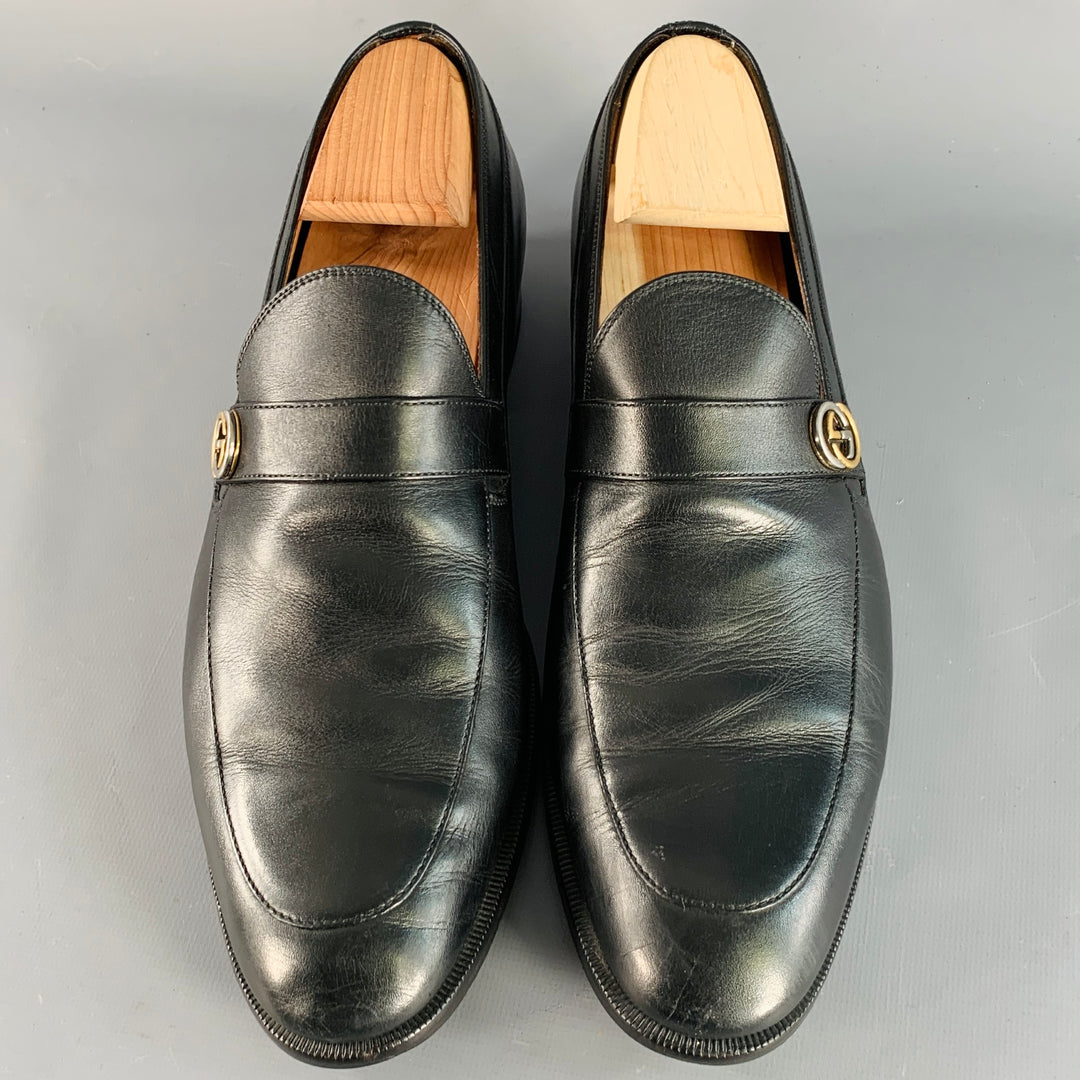 GUCCI Size 8.5 Black GG Monogram Leather Strap Slip On Loafers