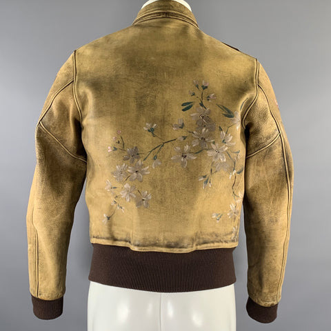 GUCCI par Tom Ford 2003  Taille 36 Beige Olive  Veste en cuir zipée peinte à la main multicolore