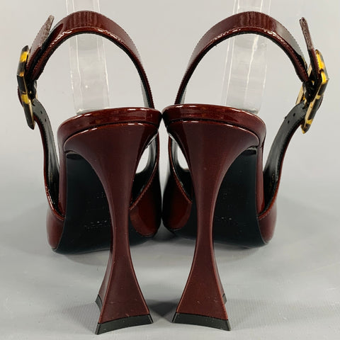SAINT LAURENT Size 7 Dune Brown Patent Leather Slingback Pumps