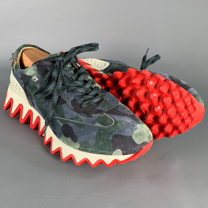 CHRISTIAN LOUBOUTIN Size 12 Green Blue Camouflage Suede Red Sole Sneakers