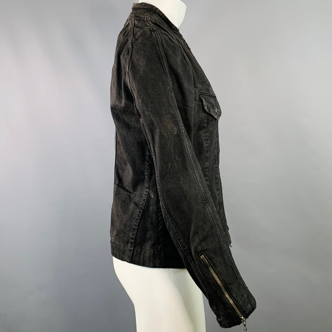 JULIUS_7 Size S Black Distressed Cotton Fitted Zip Up Jacket