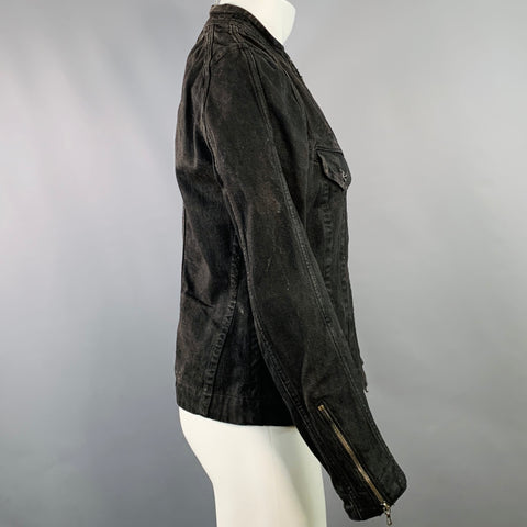 JULIUS_7 Size S Black Distressed Cotton Fitted Zip Up Jacket