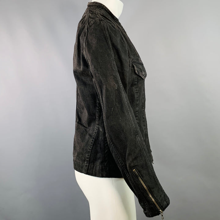 JULIUS_7 Size S Black Distressed Cotton Fitted Zip Up Jacket