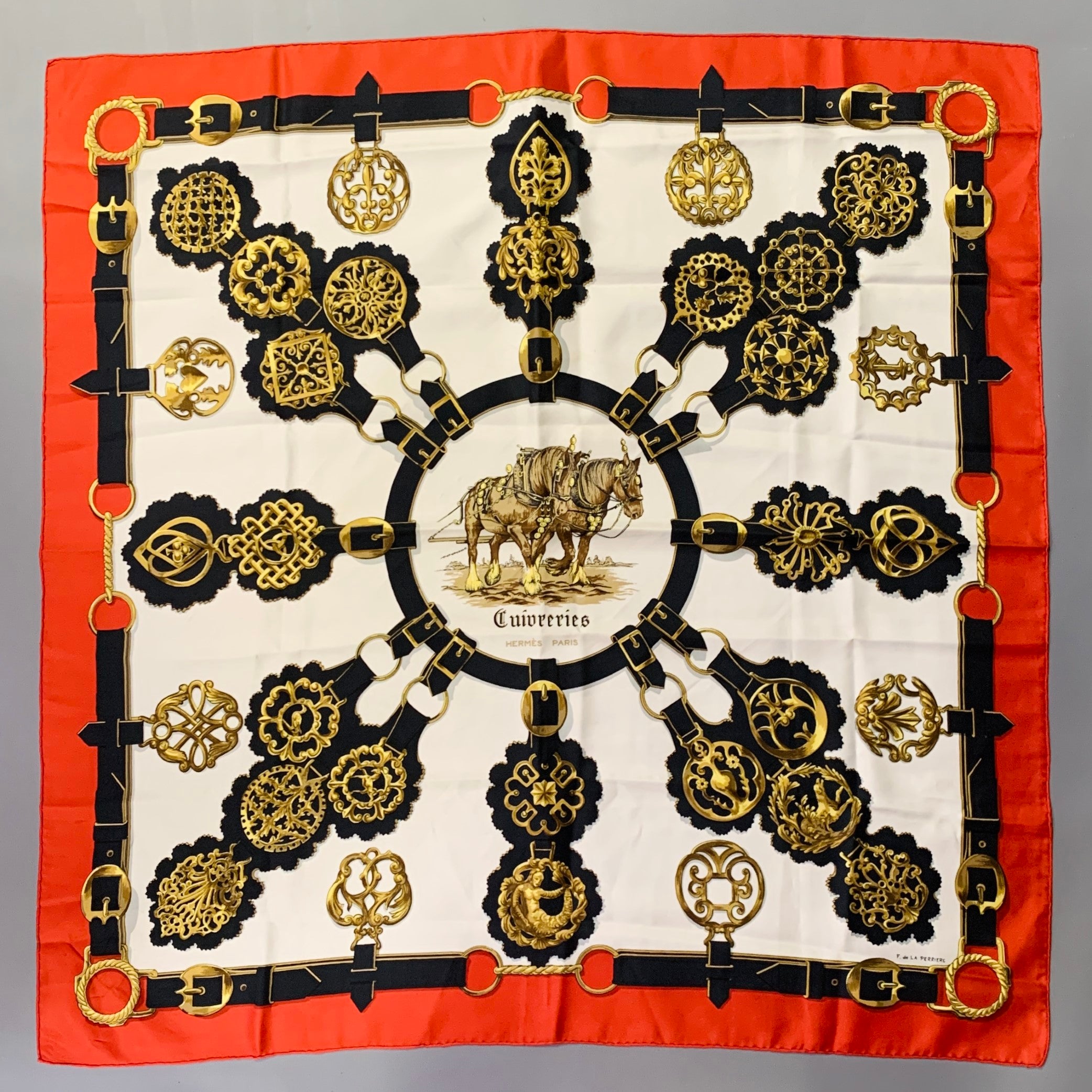 HERMES 1963 Cuivreris Red Gold White Black Horses Silk Twill Scarf