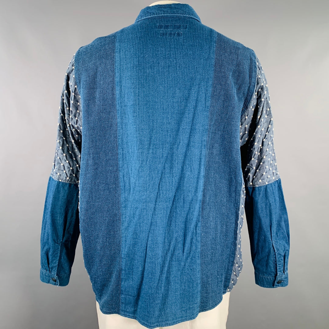 FDMTL Size XL Indigo Mixed Fabrics Cotton Patch Pockets Long Sleeve Shirt