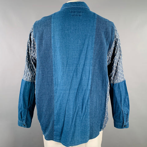 FDMTL Size XL Indigo Mixed Fabrics Cotton Patch Pockets Long Sleeve Shirt