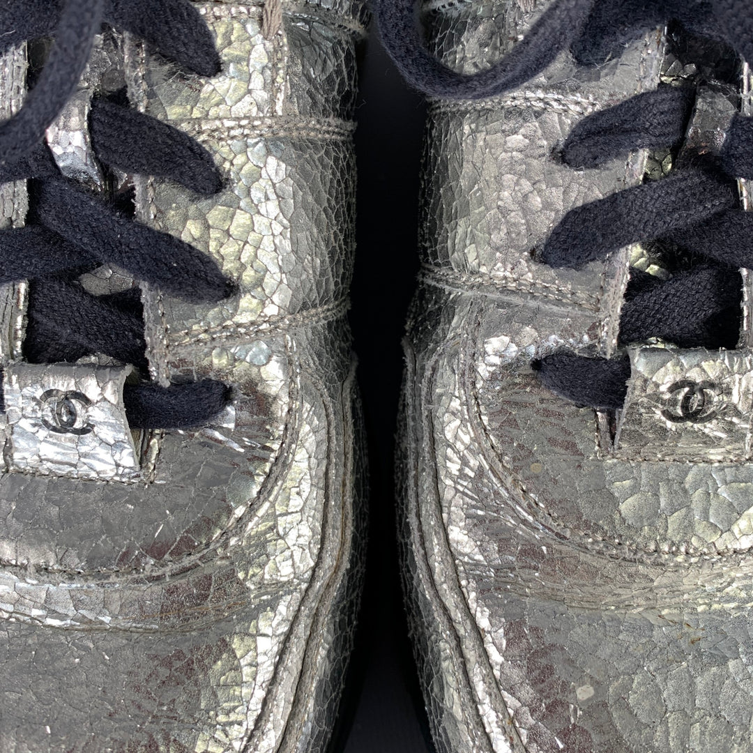 CHANEL Size 11 Metallic Silver Navy Crackled Leather Lace-Up Sneakers