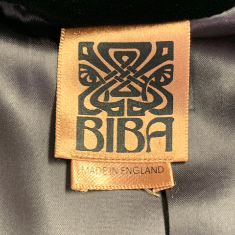 BIBA Size M Black Cotton Velvet Double Breasted Peak Lapel Trench Coat