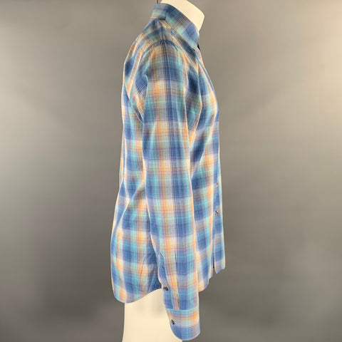 PRADA Size M Blue Yellow Plaid Cutaway Long Sleeve Shirt
