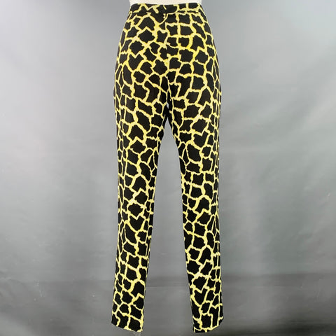MSGM Size 6 Black Yellow Viscose Animal Print Tapered Zip Fly Dress Pants