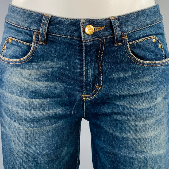 ROBERTO CAVALLI Size 2 Blue Cotton Blend Low Rise Studded Twill Flared Jeans