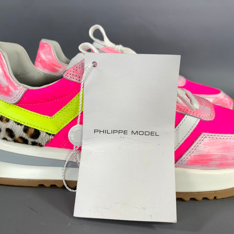 PHILIPPE MODEL Size 8 Pink White Mixed Materials Leather Lace Up Sneakers