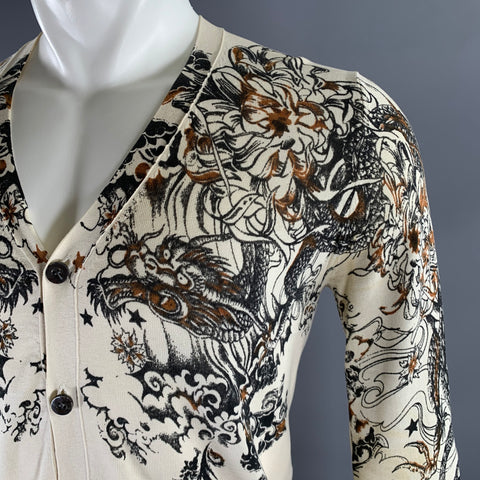 JOHN RICHMOND Size S Cream Tan Dragon Print Cotton Silk Cardigan