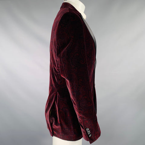 JOSEPH ABBOUD Size 40 Black Burgundy Paisley Cotton Tuxedo Sport Coat