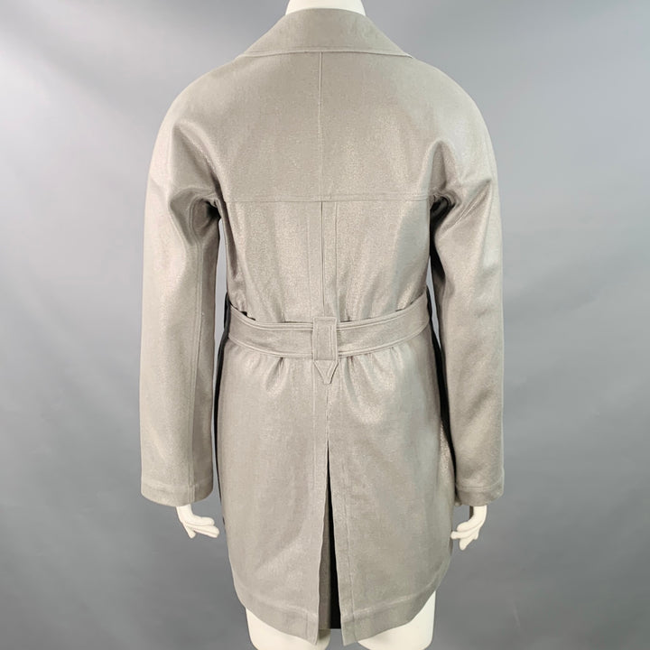 ALAIA Size 10 Grey Silver Cotton Twill Belted Double Breasted Coat