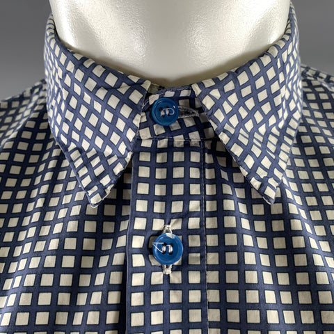 MARNI Size M White Blue Check Pointed Collar Long Sleeve Shirt