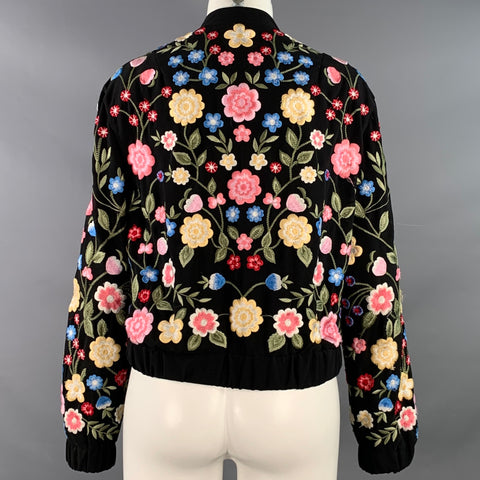 NEEDLE AND THREAD Size 8 Black Multi Color Embroidered Floral Polyester Bomber Jacket