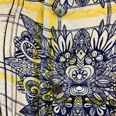 ROBERT GRAHAM Size L White Navy Yellow Print Silk Button Up Short Sleeve Shirt