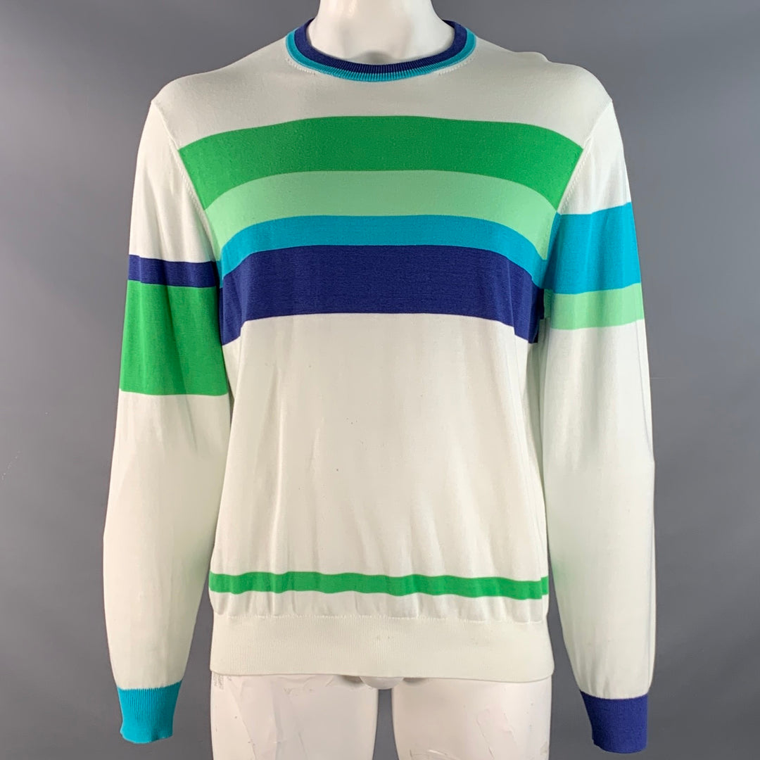 MR TURK Size XL White Blue Green Stripe Cotton Blend Crew Neck Pullover
