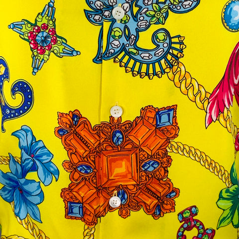 VERSACE Size M Yellow Multi Color Baroque Twill Short Sleeve Shirt