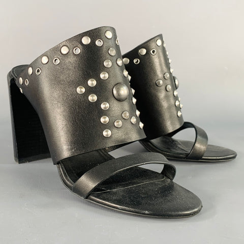 SEE by CHLOE Size 9 Black Silver Leather Studded Chunky Heel Sandals