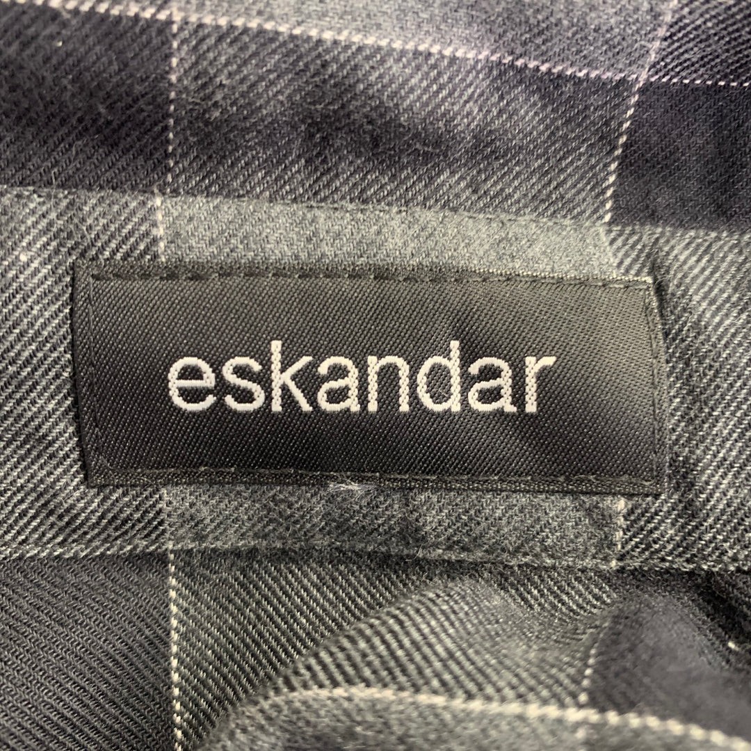 ESKANDAR Size L Black Charcoal Cotton Oversized Checkered Point Collar Shirt